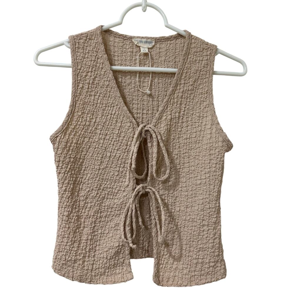 See You Monday Womens Sz XS Tan Crinkle Tie Front Sleeveless Shirt Festival Boho